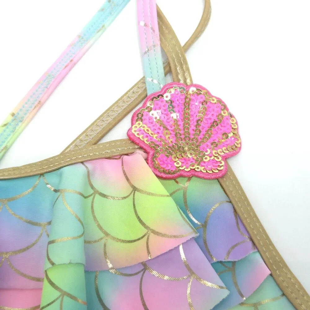 Betsey Johnson Girls Mermaid Swimsuit S 7/8 Rainbow Scale Ruffle Shells Pilling